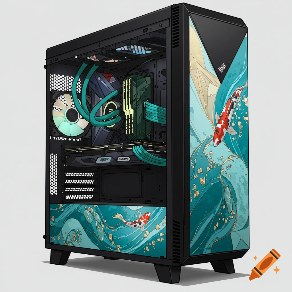 PC case with blue and gold waves and red and white koi fish artwork
