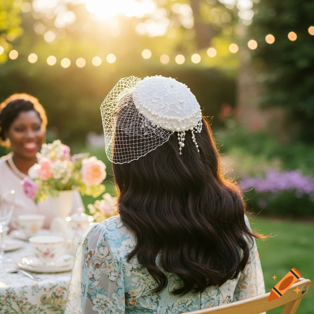Two women at a tea party in a garden, one wearing a white fascinator, seen from behind