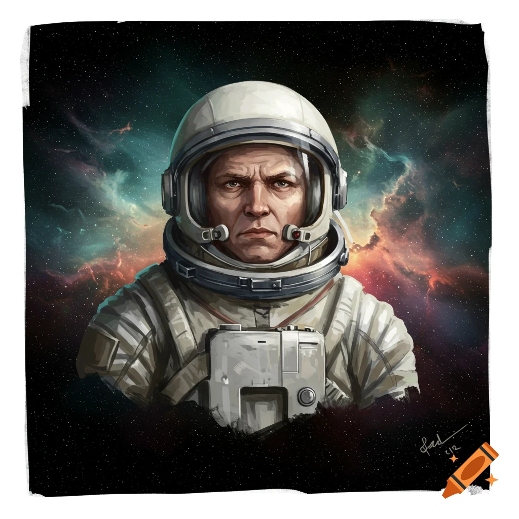 An astronaut's bust is shown against a starry sky and colorful nebulae.