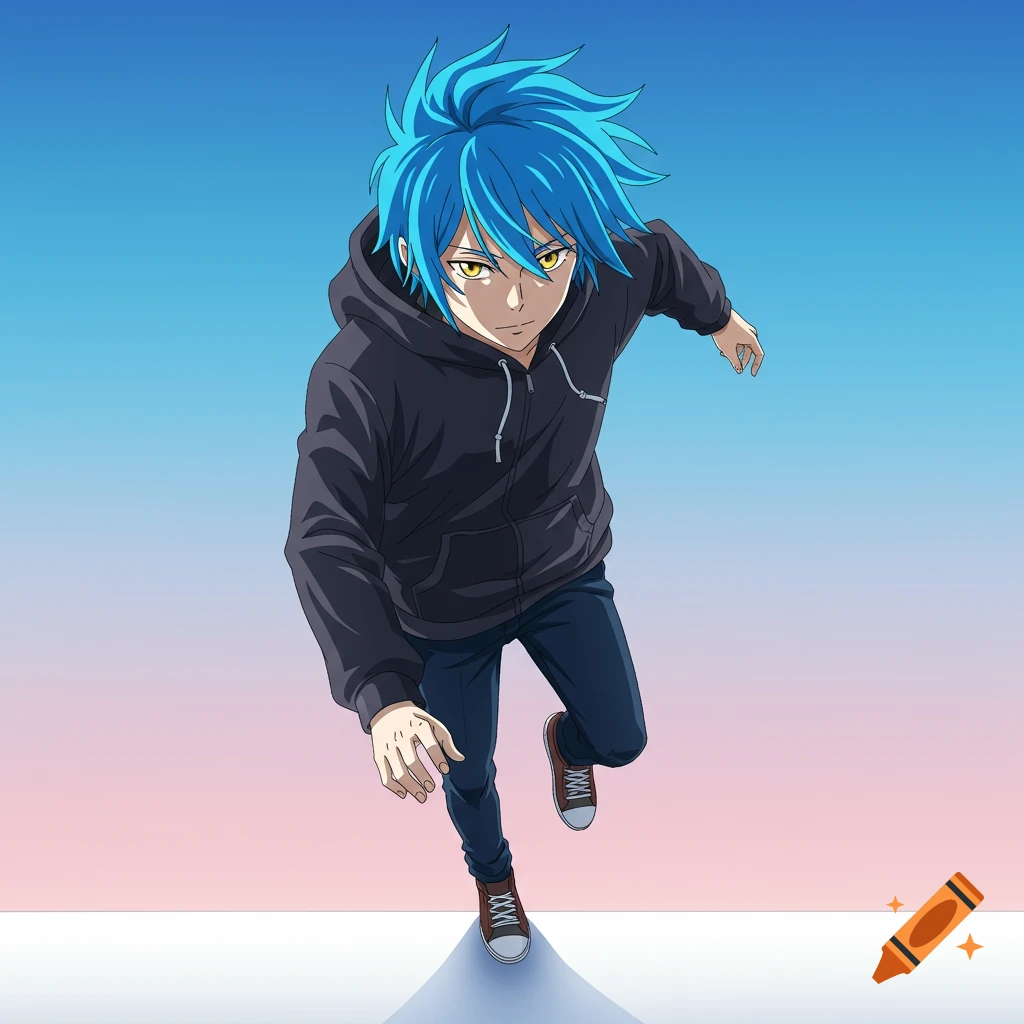 An anime character with blue hair in a black hoodie runs upwards, viewed from below against a pink and blue sky.