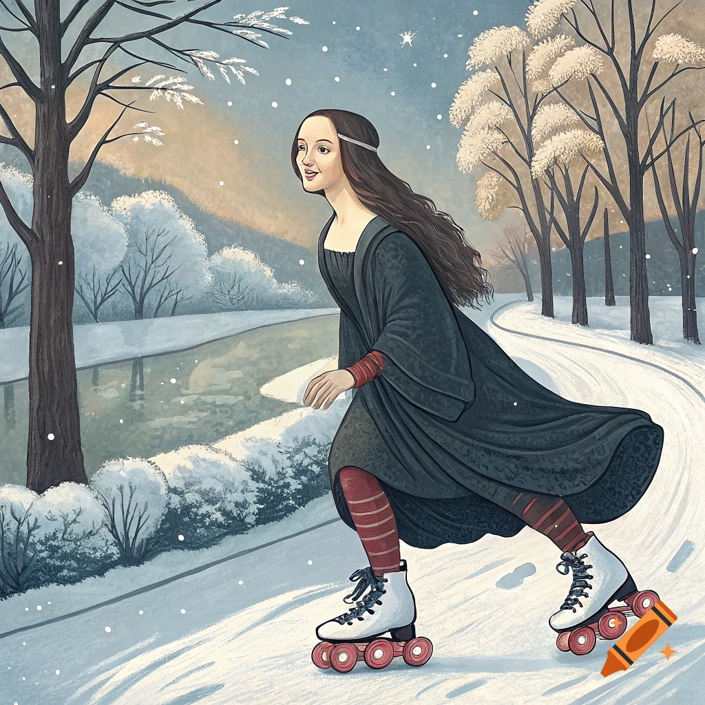 Mona Lisa roller skating down a snowy path in a park, illustration style.