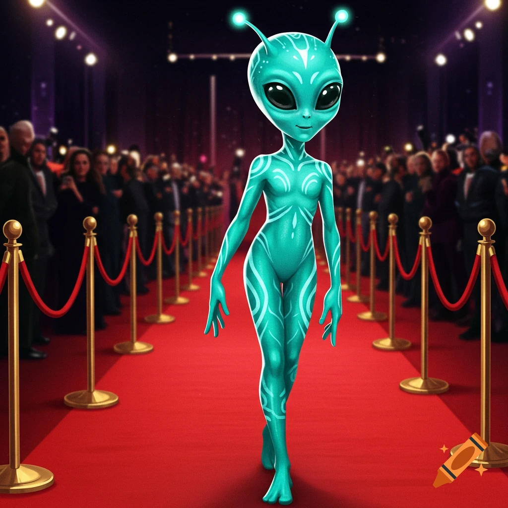 Turquoise alien walking a red carpet
