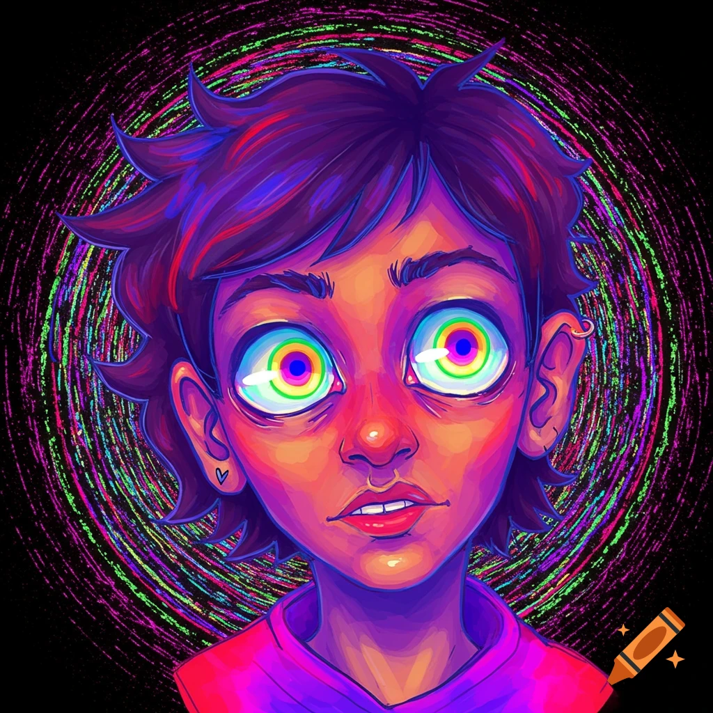A stylized portrait of a person with wide, colorful psychedelic eyes against a swirling psychedelic background.