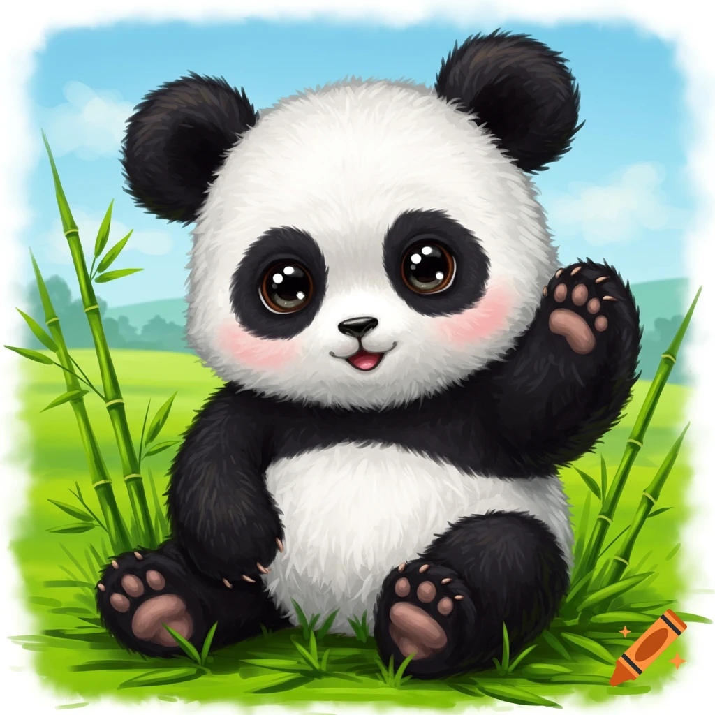 A cute cartoon baby panda sits in green grass with bamboo stalks, waving with one paw.