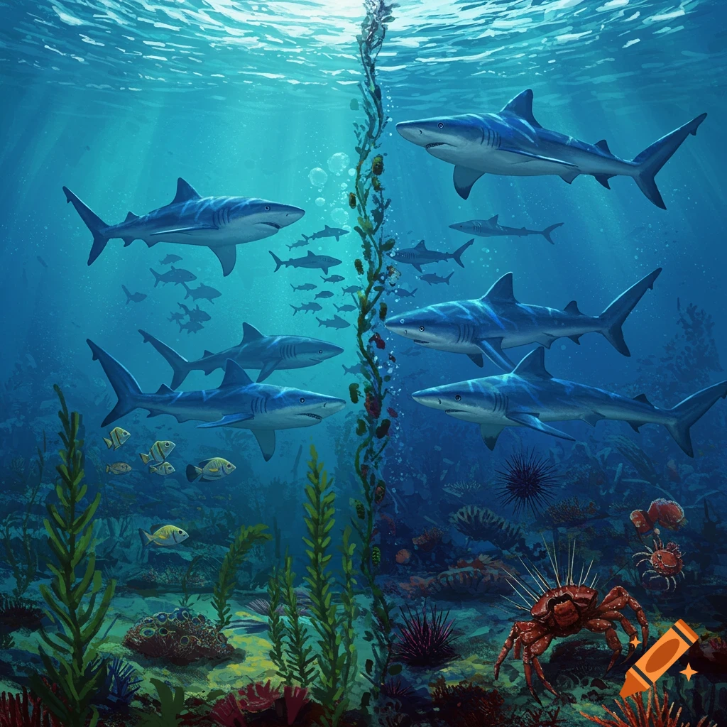 Sharks swimming in two different underwater habitats separated by seaweed, one with fish, the other with crabs and urchins.