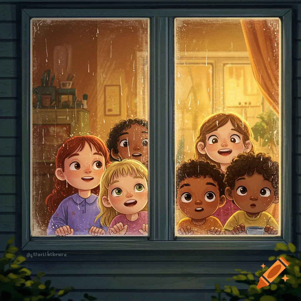 Children looking out a rain-streaked window at night.