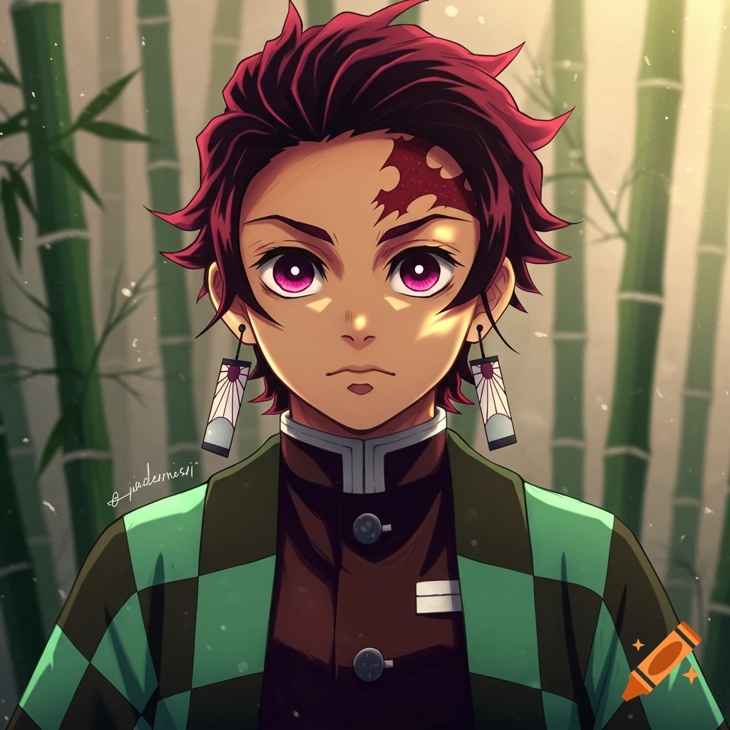 Portrait illustration of Tanjiro from Demon Slayer in front of bamboo.
