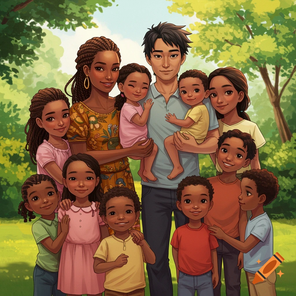 A large, diverse family is standing together in a park.