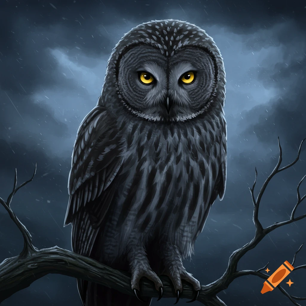 A grey owl with bright yellow eyes perched on a branch during a rainstorm.