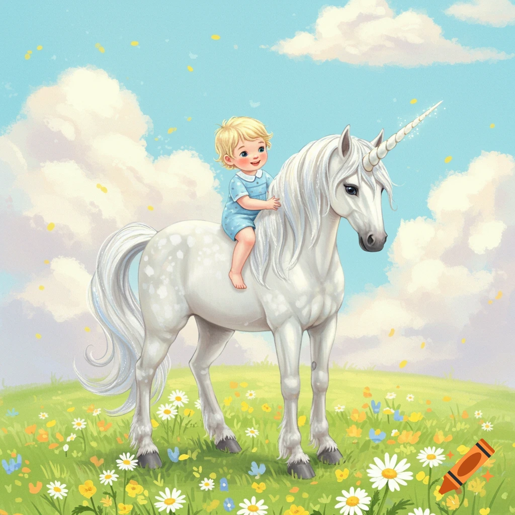 A child rides a white unicorn through a sunny meadow filled with flowers.