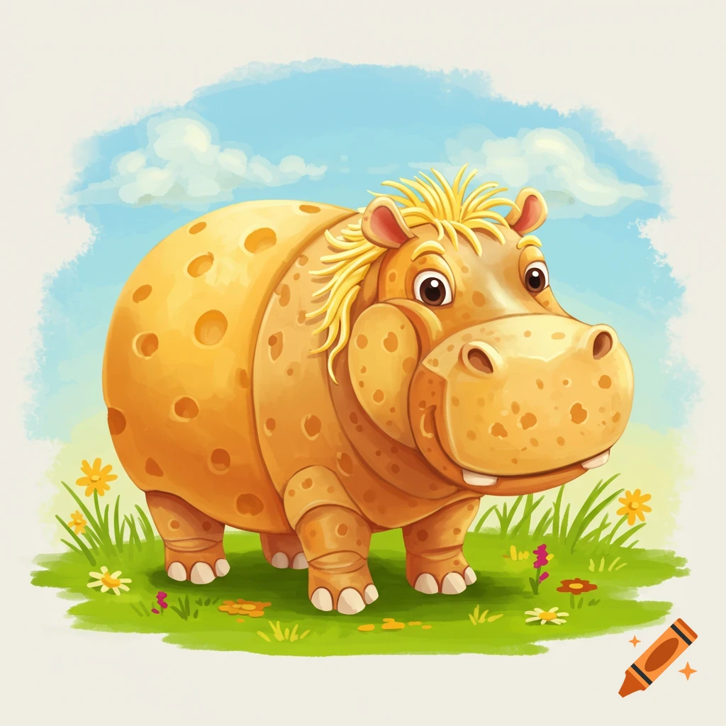 Cartoon hippo made of cheese standing in a grassy field.
