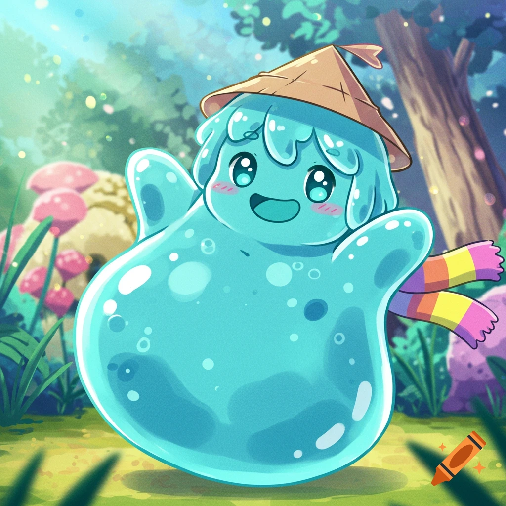A cute blue anime slime character wearing a straw hat and colorful scarf in a fantasy forest.