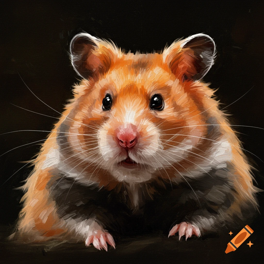 Oil painting of an orange and white hamster with thick brushstrokes.