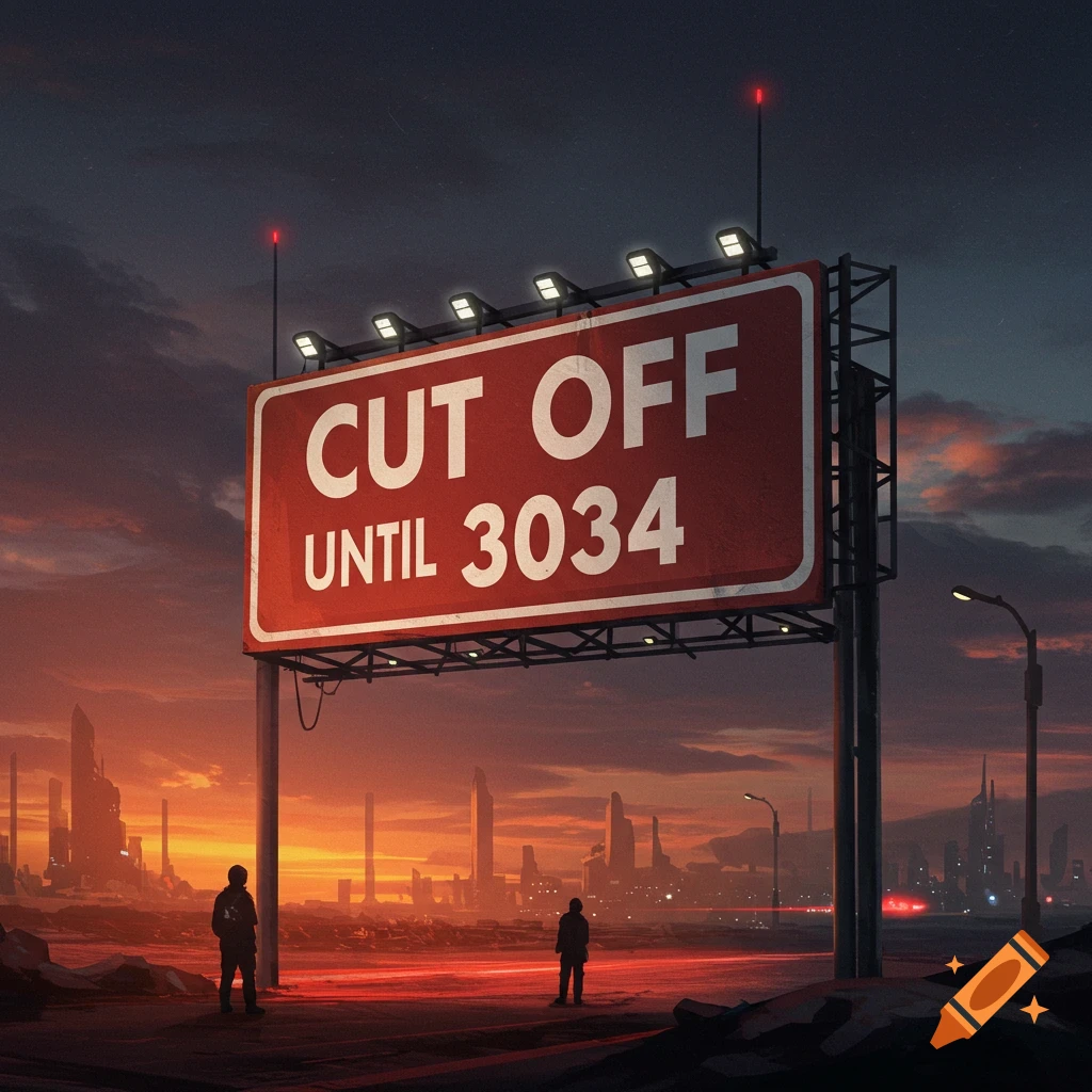 A large sign reading CUT OFF UNTIL 3034 is prominently displayed in a futuristic city landscape at sunset, with two figures present.