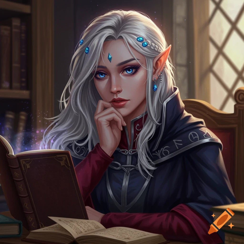 A female elf mage with silver hair is reading a magical book in a study.