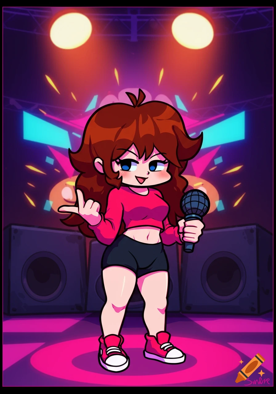 Girlfriend from Friday Night Funkin' on a stage with a microphone in cartoon style.
