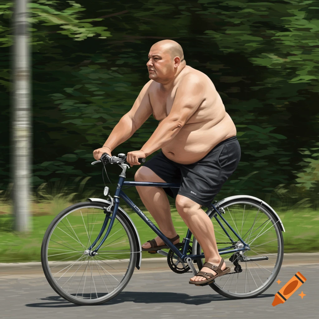 A bald man with a large belly riding a bicycle.