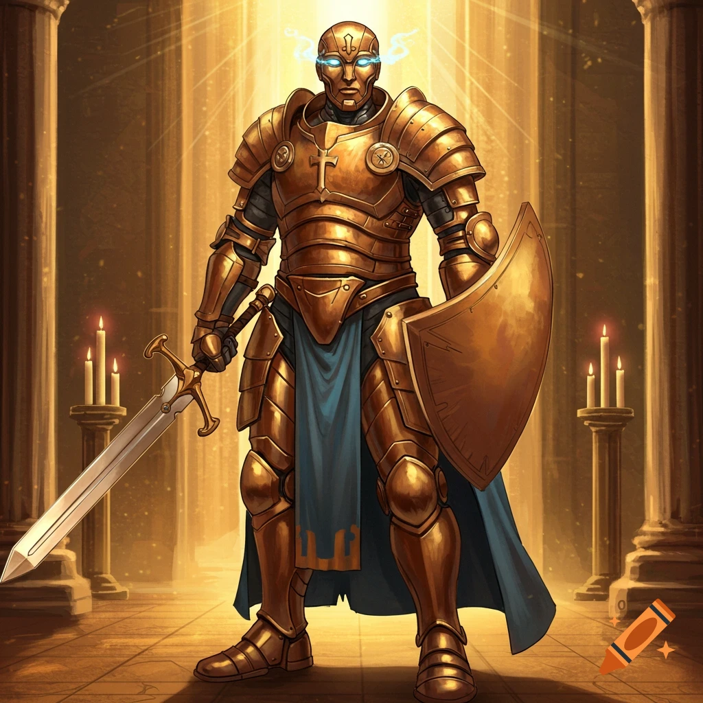 A bronze armored paladin stands in a golden temple.