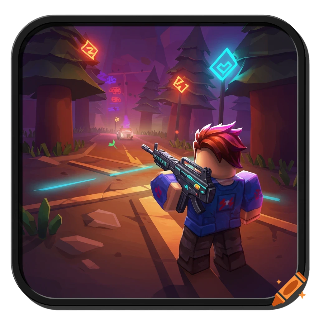 Roblox-style character holding a rifle in a stylized forest game icon