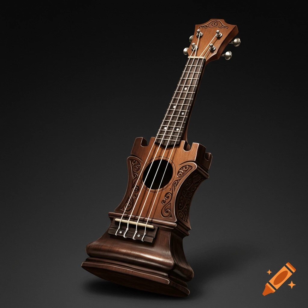 Wooden ukulele shaped like a chess rook with ornate carvings.