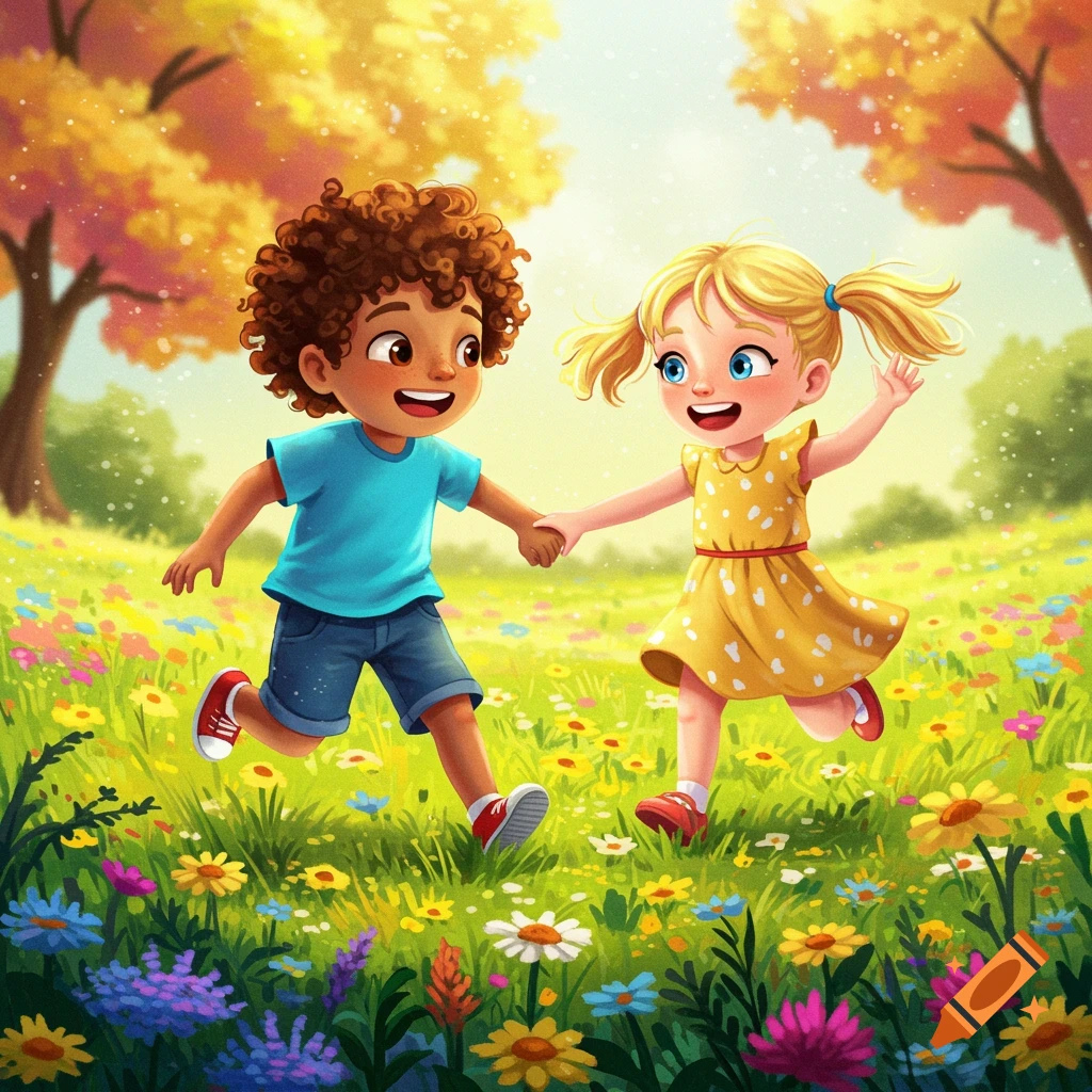Two happy children run hand-in-hand through a vibrant, flowery meadow.