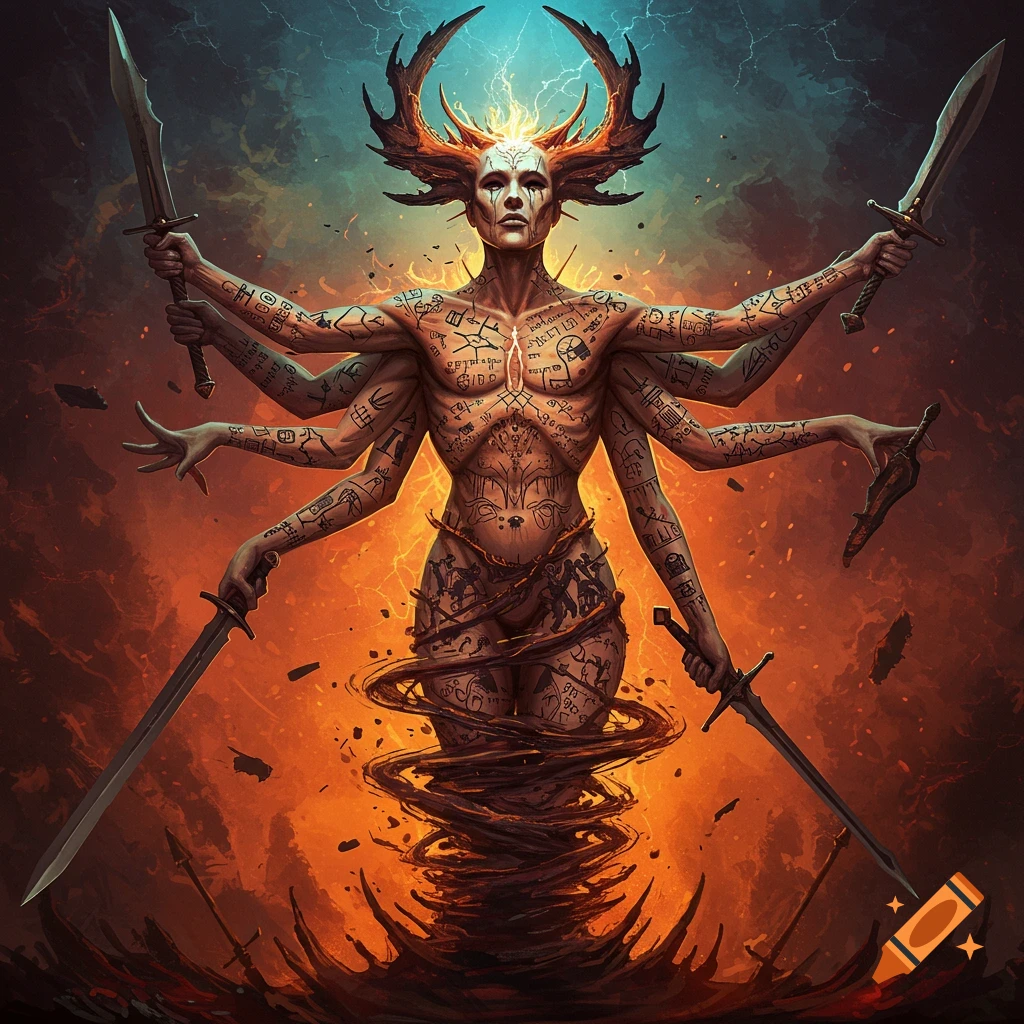 A multi-armed figure covered in symbols, holding swords in fire and storm.
