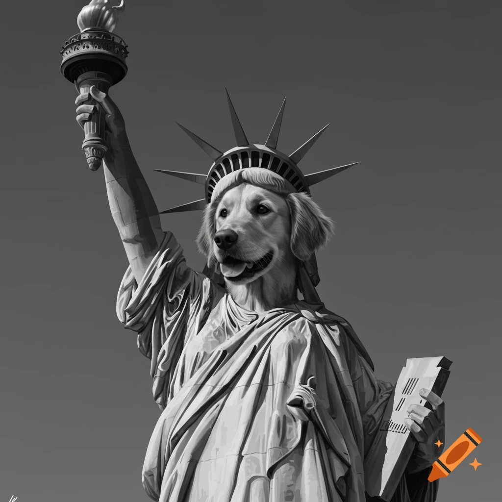 A surreal grayscale image of the Statue of Liberty with a golden retriever's head, holding a torch and tablet.