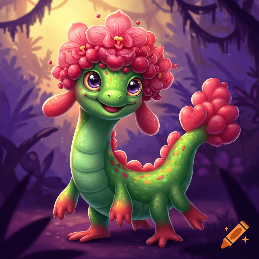 A cute green fantasy creature with pink flowers on its head stands in a forest.