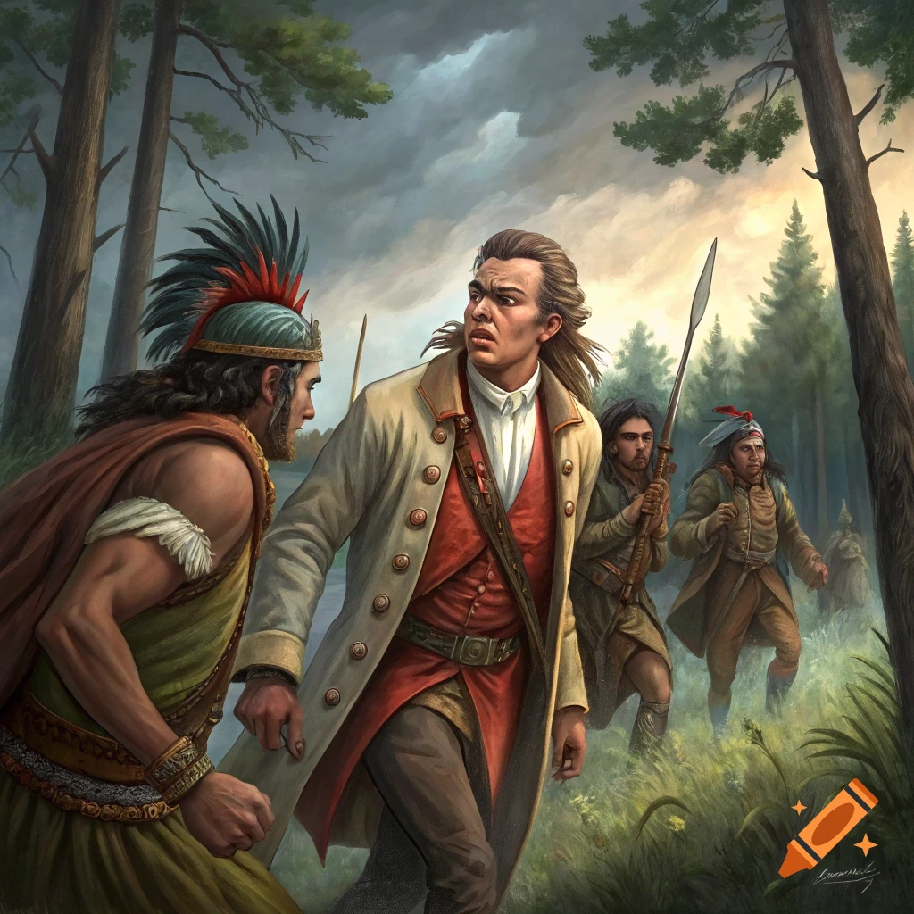 Watercolor painting of a man in historical clothes being confronted by Native Americans in a forest.