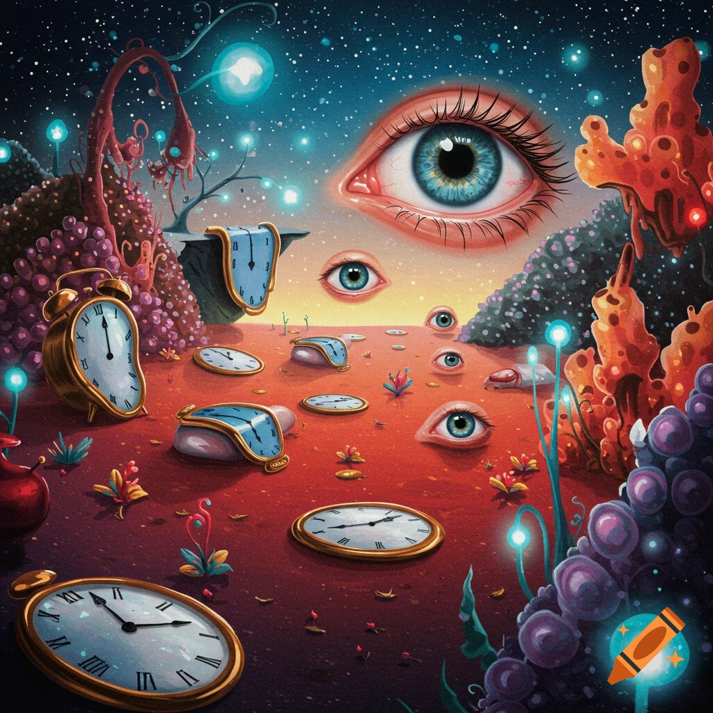 Surreal landscape with melting clocks, floating eyes, strange plants, and a starry sky.