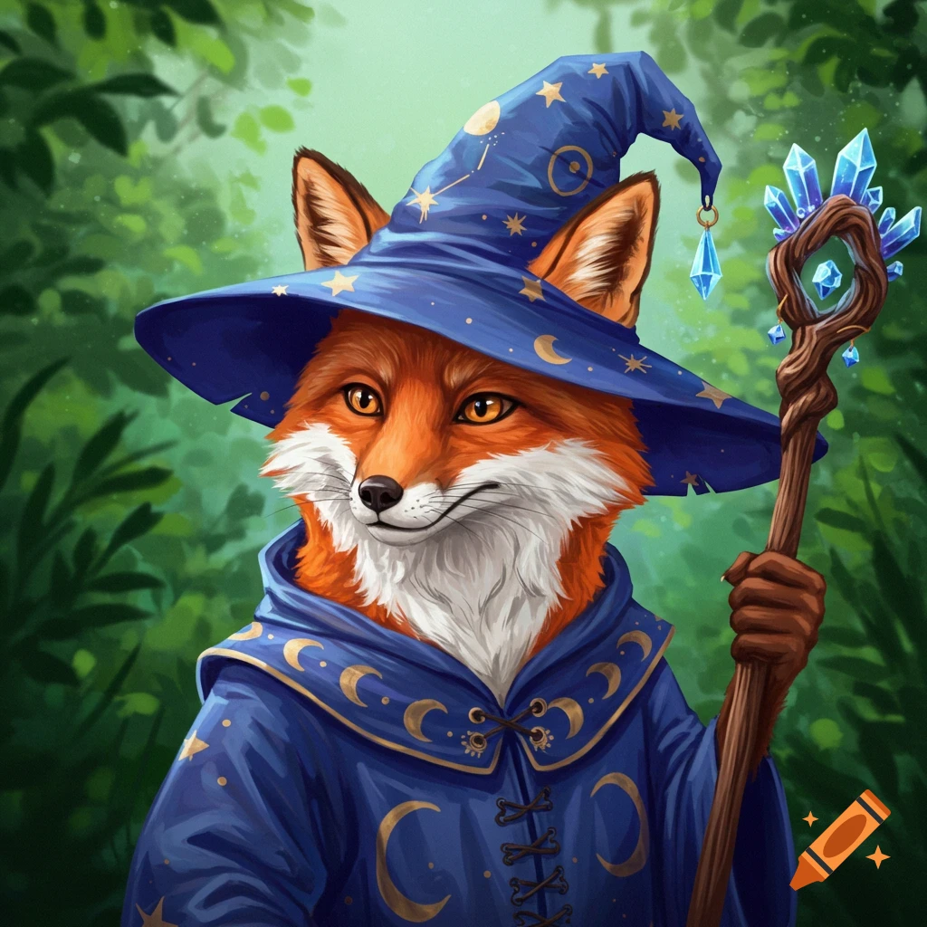 A fox wearing a wizard costume and holding a staff.