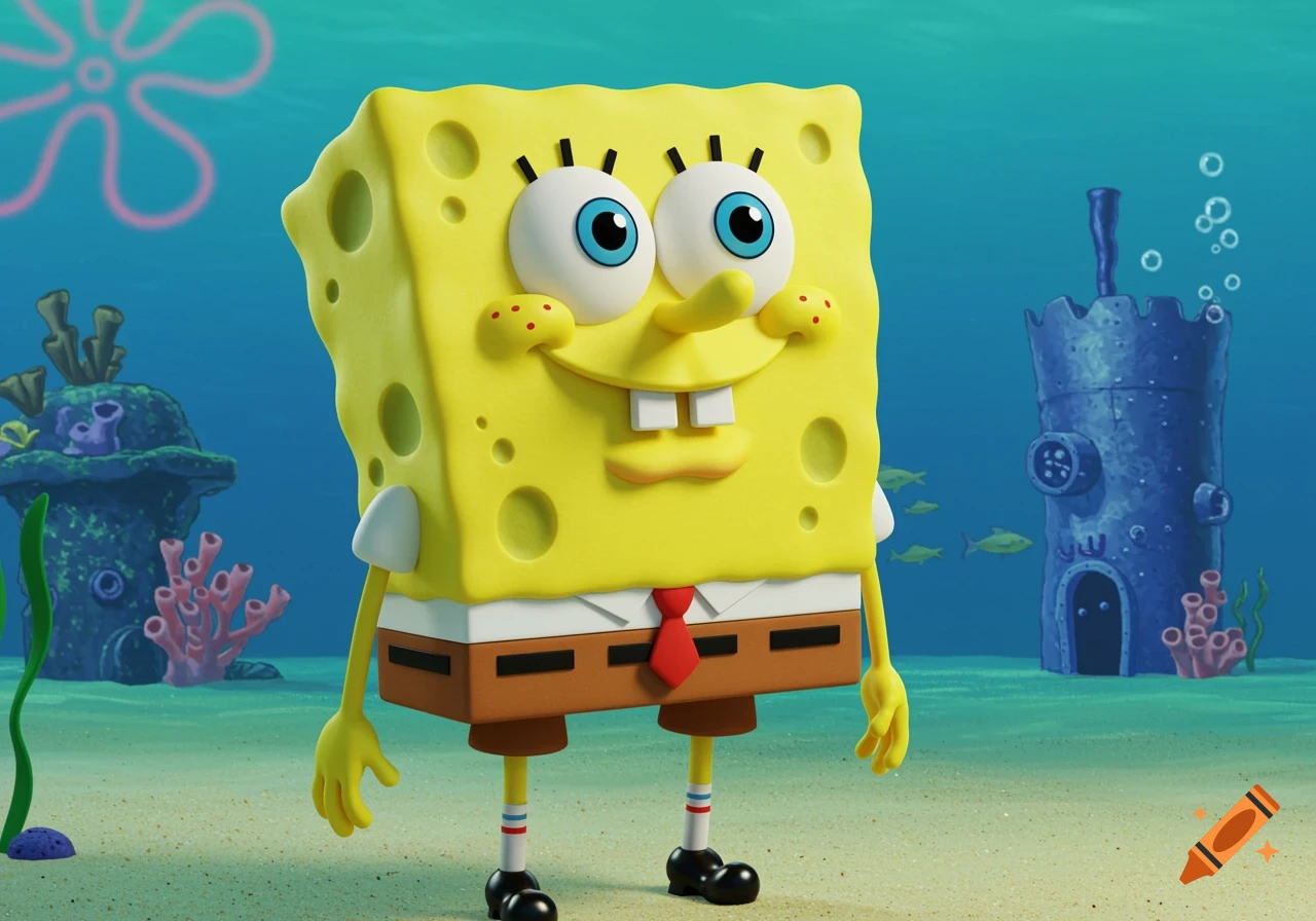 A 3D rendered image of SpongeBob SquarePants standing underwater