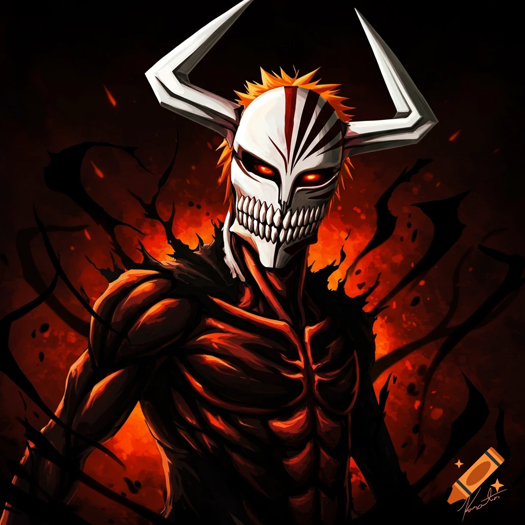 A character wearing a skull mask with horns, glowing eyes, and a skeletal body against a fiery background.