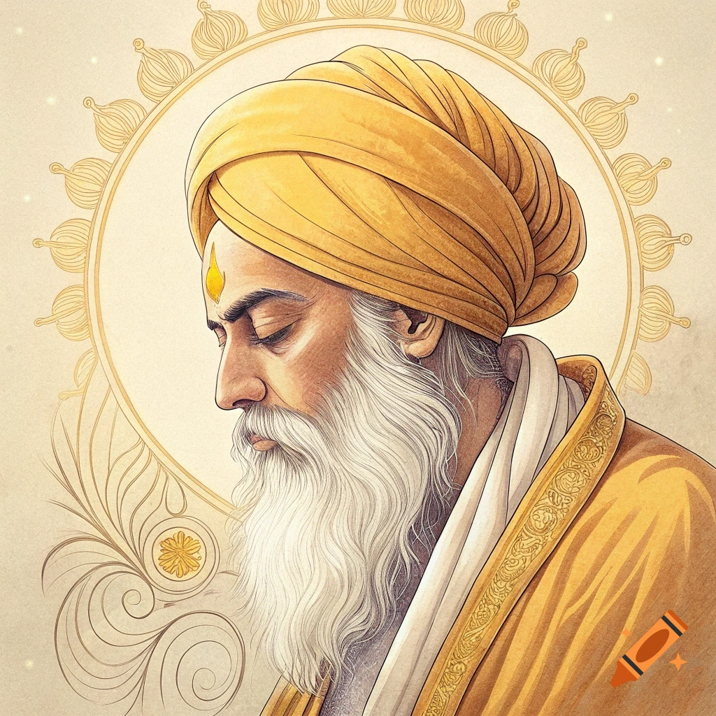 Portrait of a man with a yellow turban and white beard in a decorative frame, style of religious art.