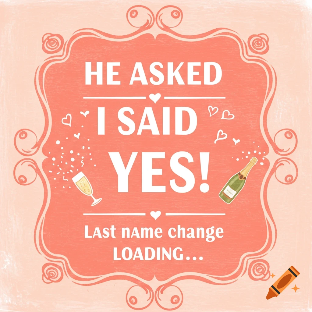 Illustration with text 'HE ASKED I SAID YES! Last name change LOADING...', hearts, champagne, coral background.