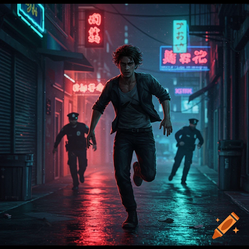 A man runs down a wet city street at night, chased by police under dramatic neon lights. Cinematic style.