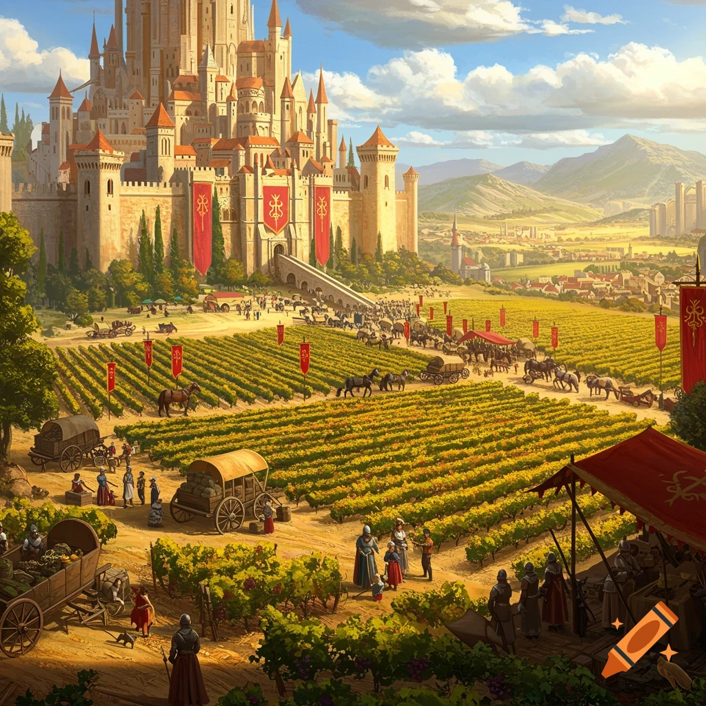 A large fantasy castle overlooks golden vineyards filled with people, wagons, and red banners.