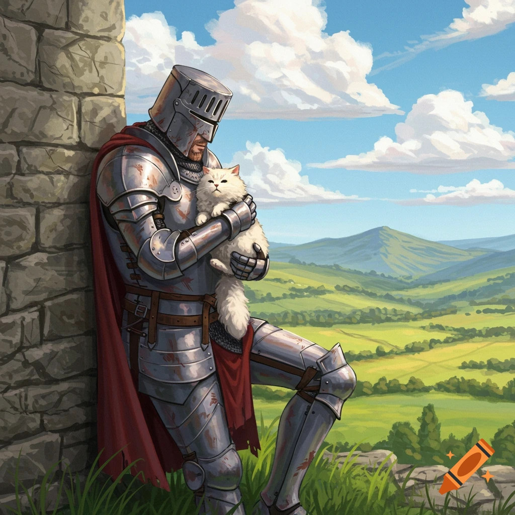 A knight in armor holds a fluffy white cat while leaning against a stone wall overlooking a green landscape.