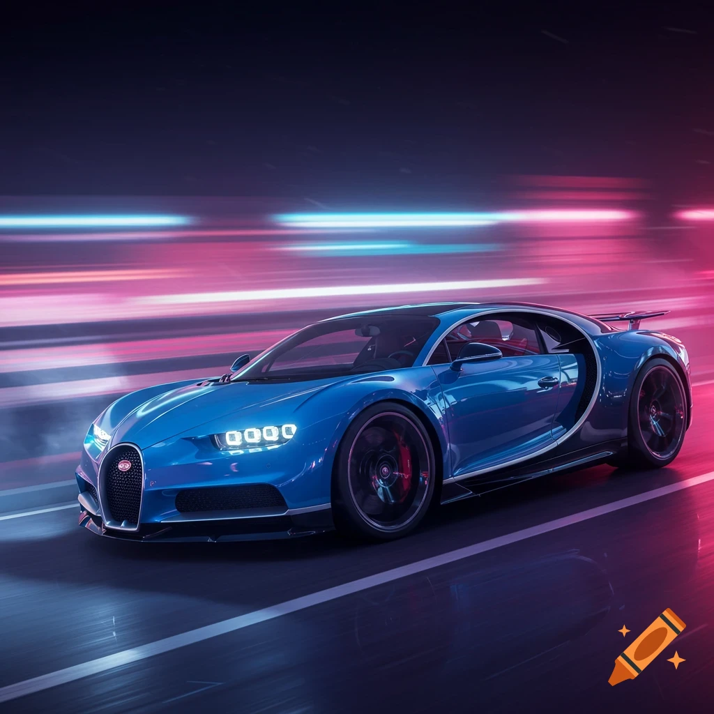 A blue Bugatti Chiron drives at night with motion blur and neon lights, digital art style.