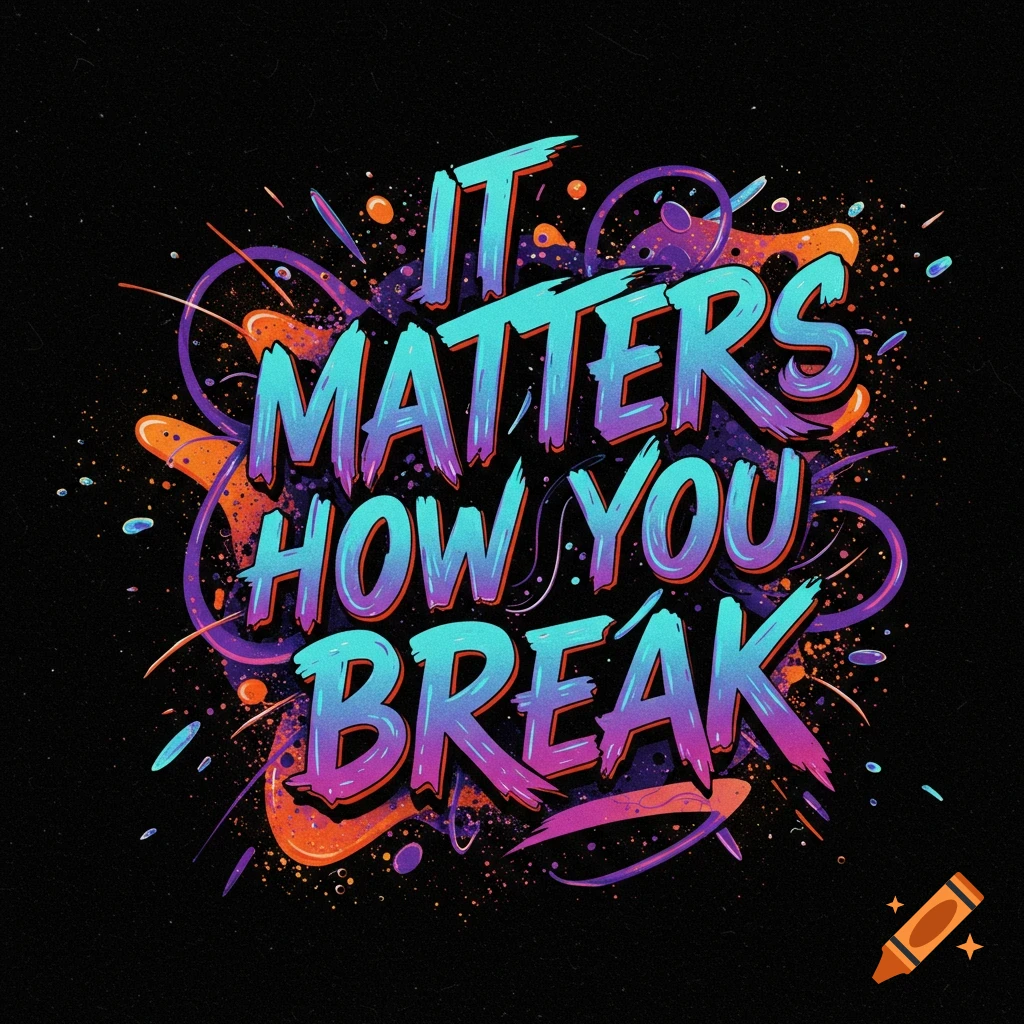 Stylized text 'IT MATTERS HOW YOU BREAK' with vibrant abstract shapes and splatters on a black background.