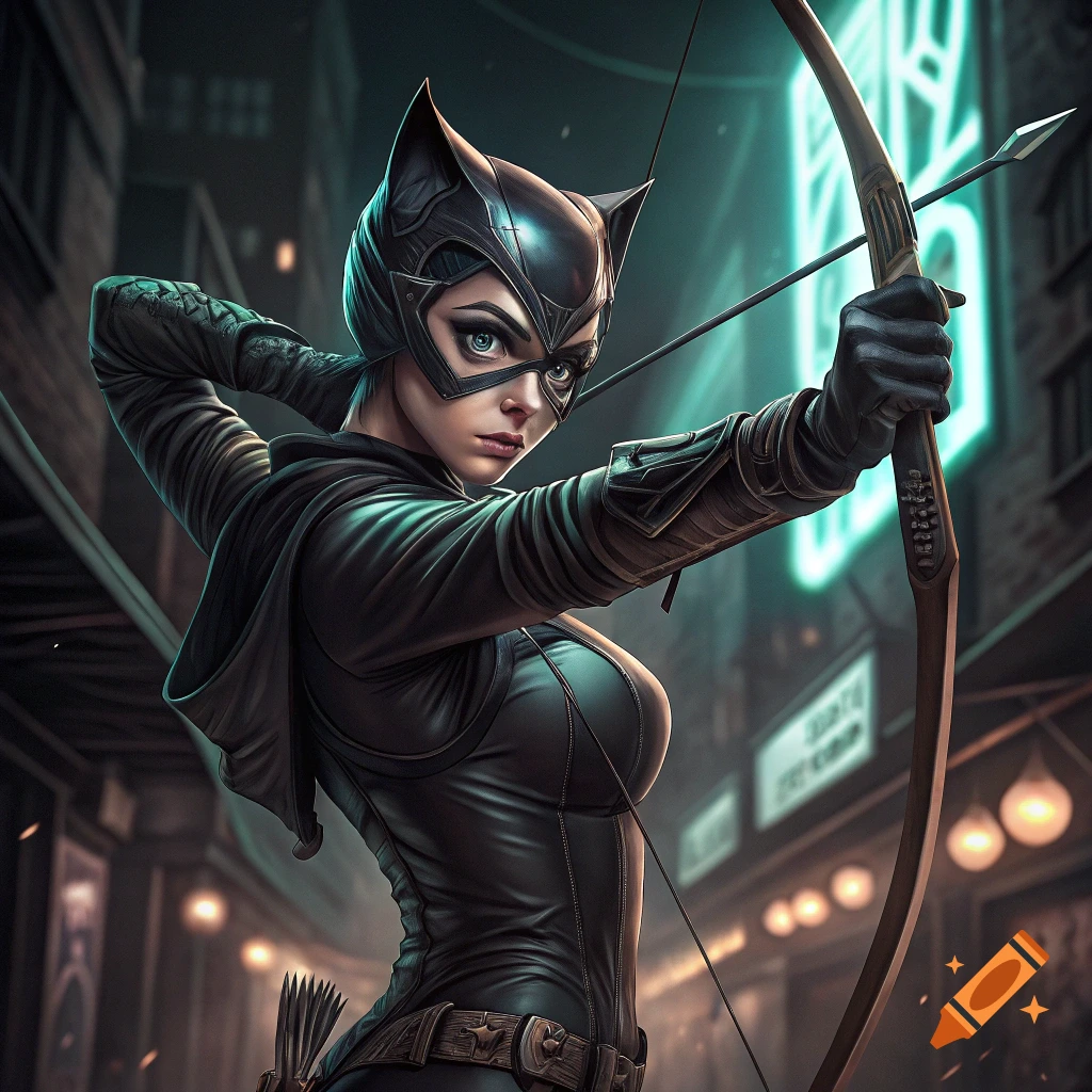 Catwoman in a leather suit and mask holds a bow and arrow, aiming in a dark city street.