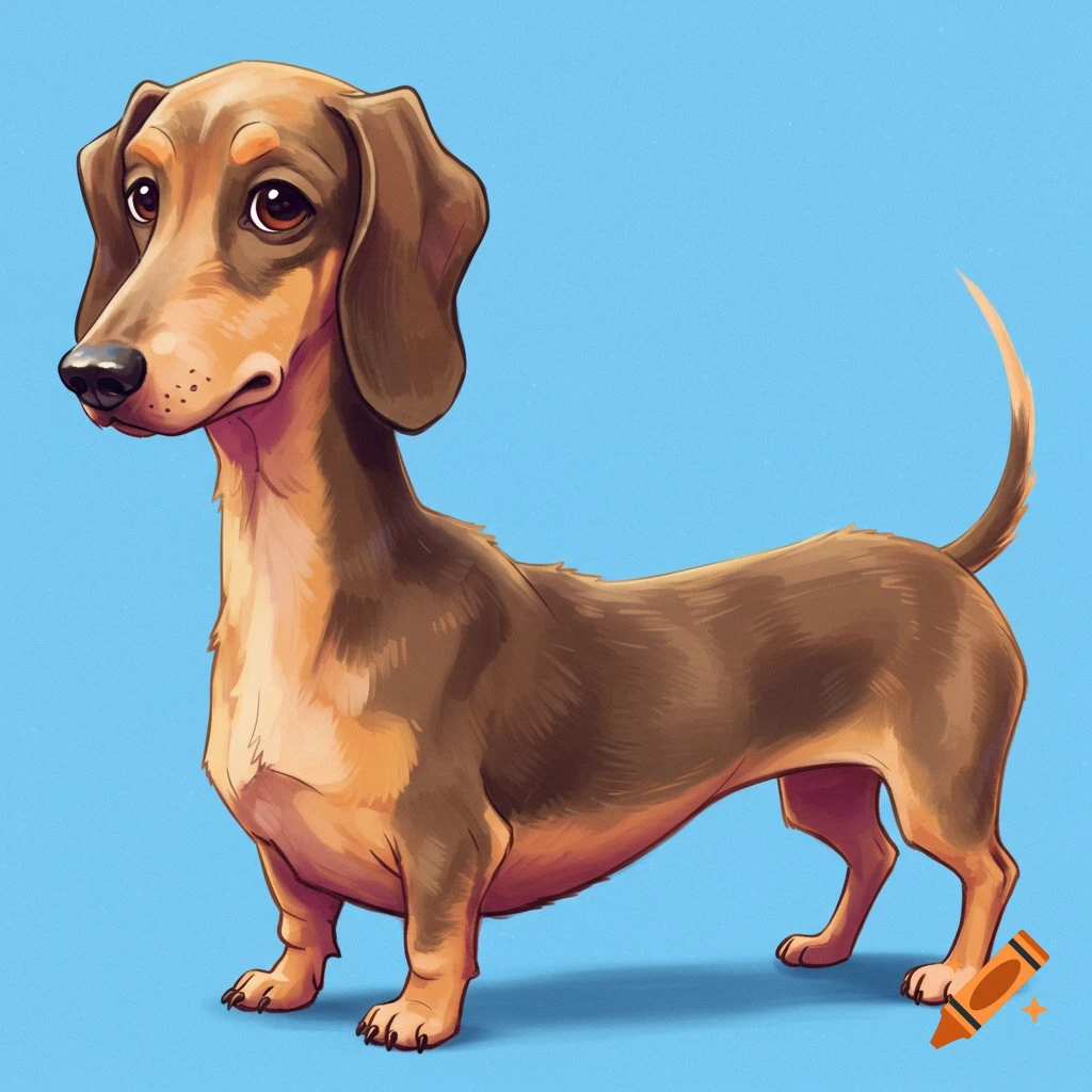 A brown dachshund dog standing against a blue background.