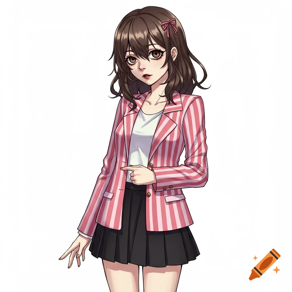 Anime girl in pink and white striped jacket and black skirt on white background.