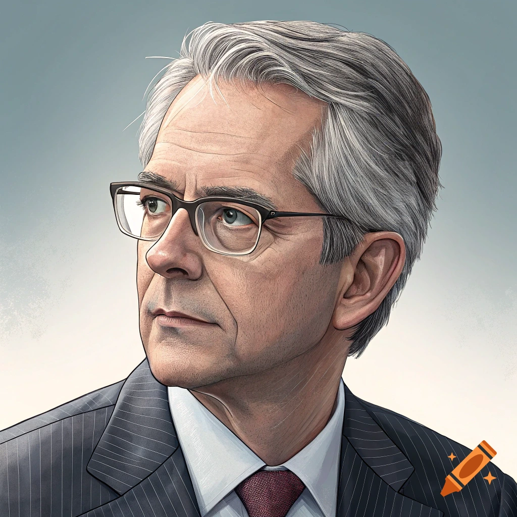 Illustration of an older man with gray hair, glasses, suit, and tie.