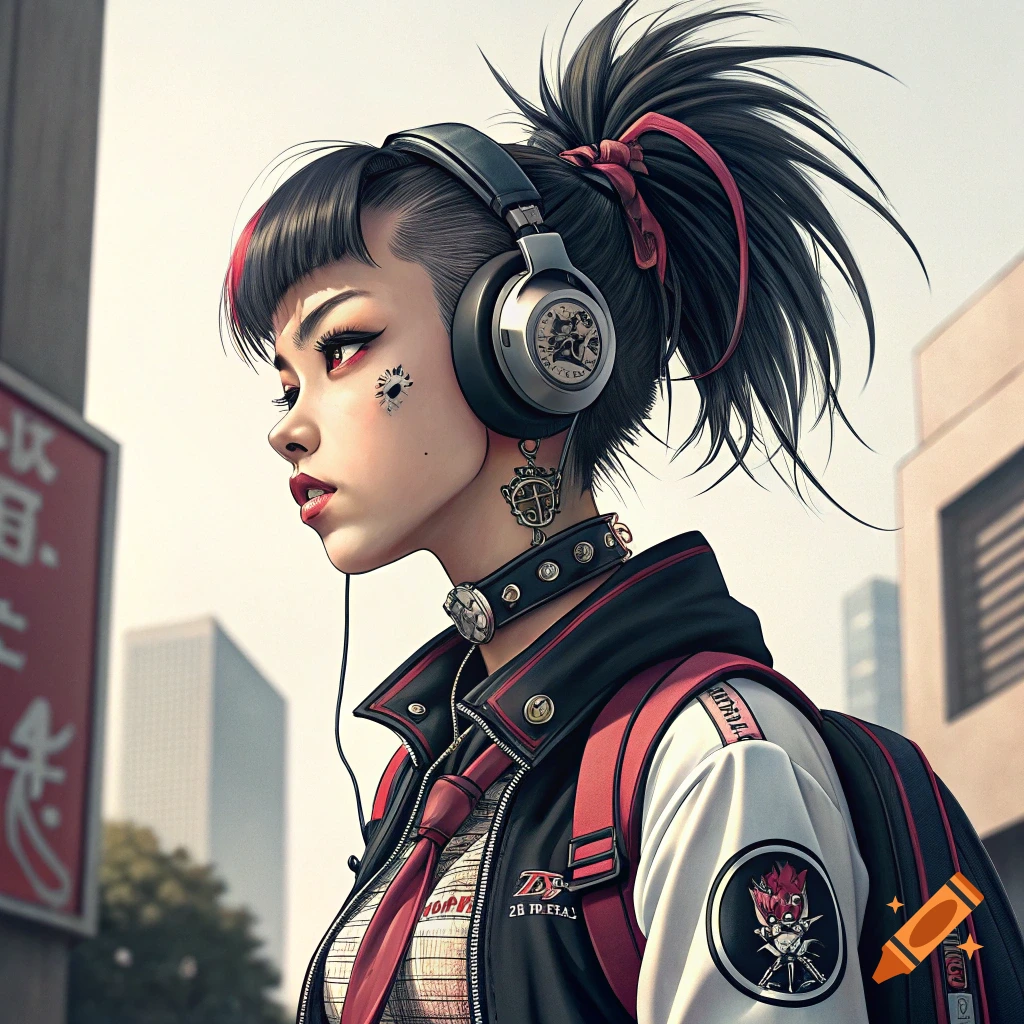 Anime girl wearing headphones and alternative fashion in an urban setting.