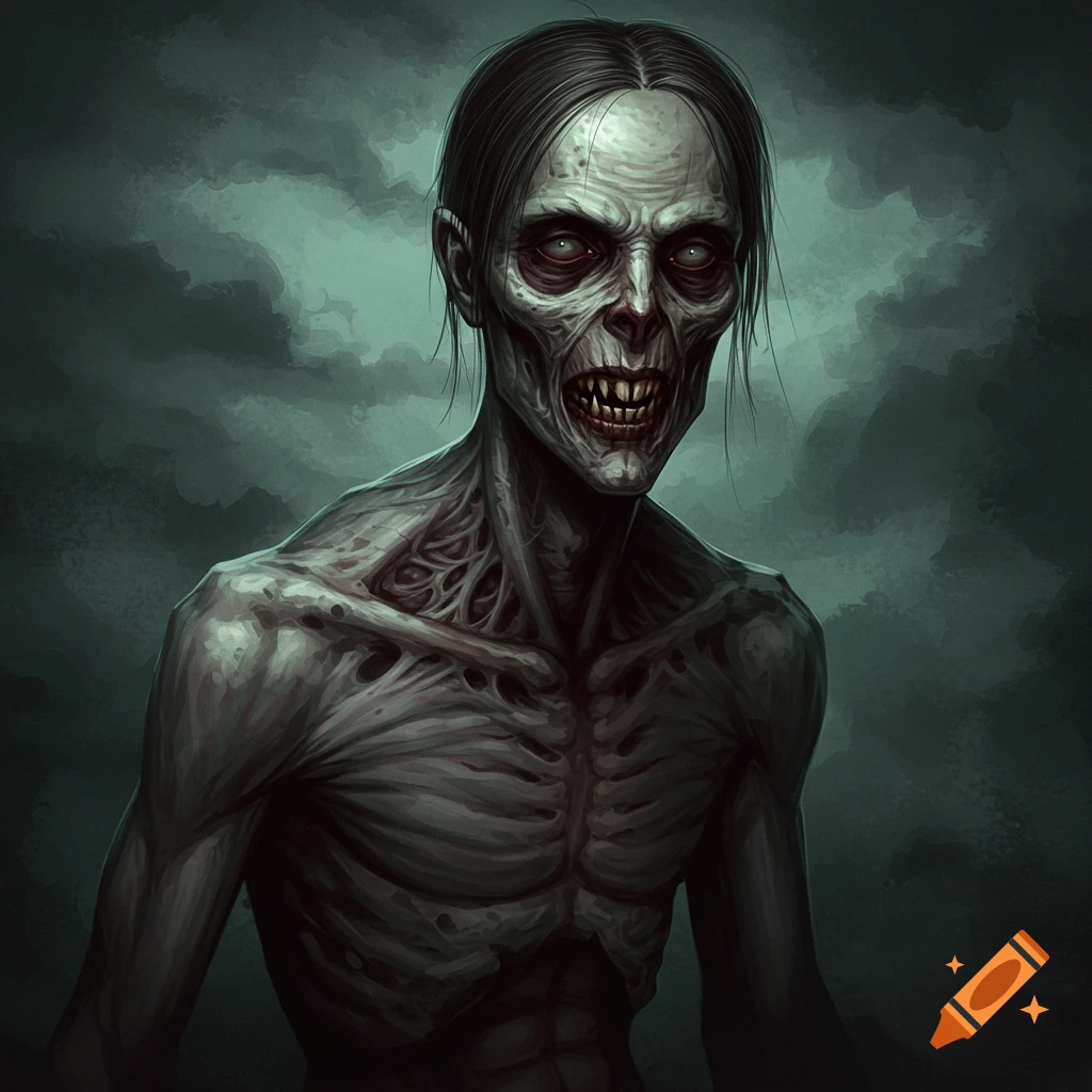 A creepy, gaunt creature with pale skin and sharp teeth against a dark, cloudy background.
