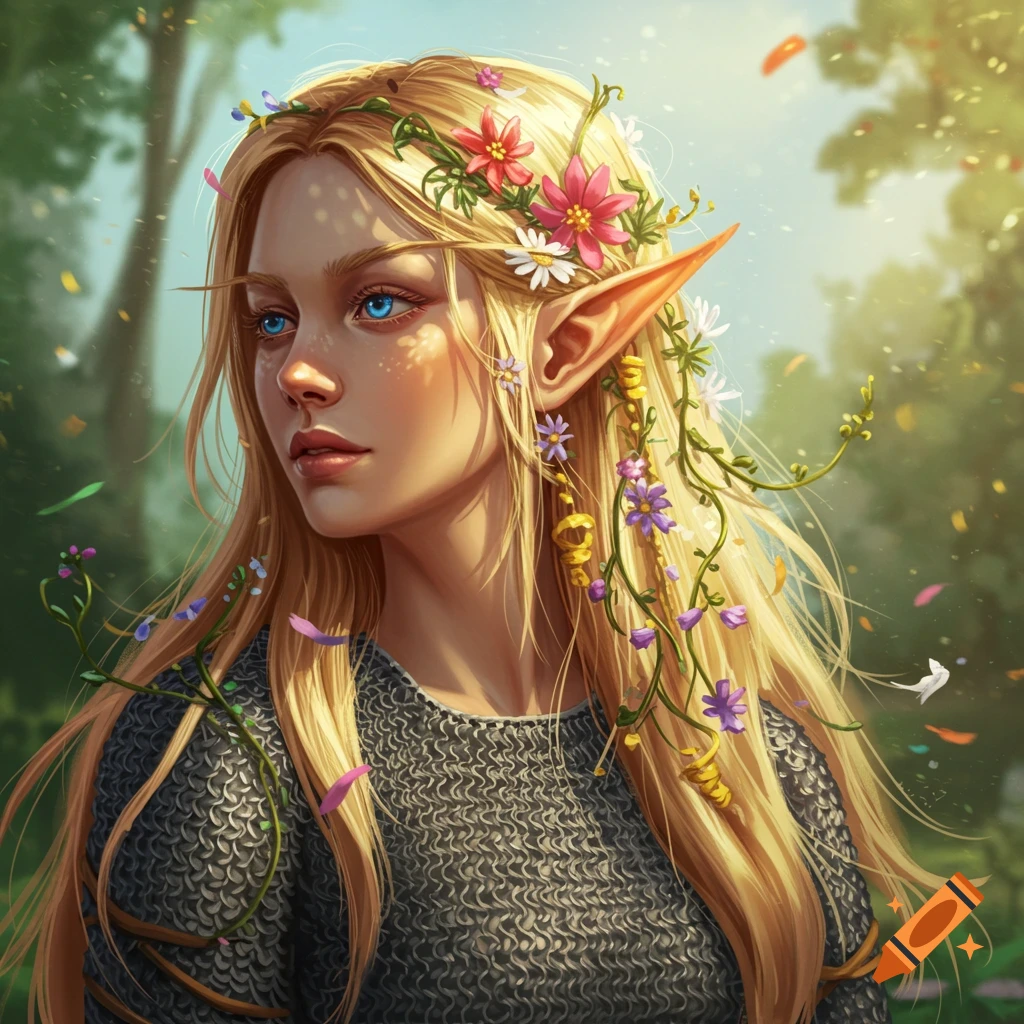 A female high elf with blonde hair and flowers in her hair, wearing chain mail, in a forest.