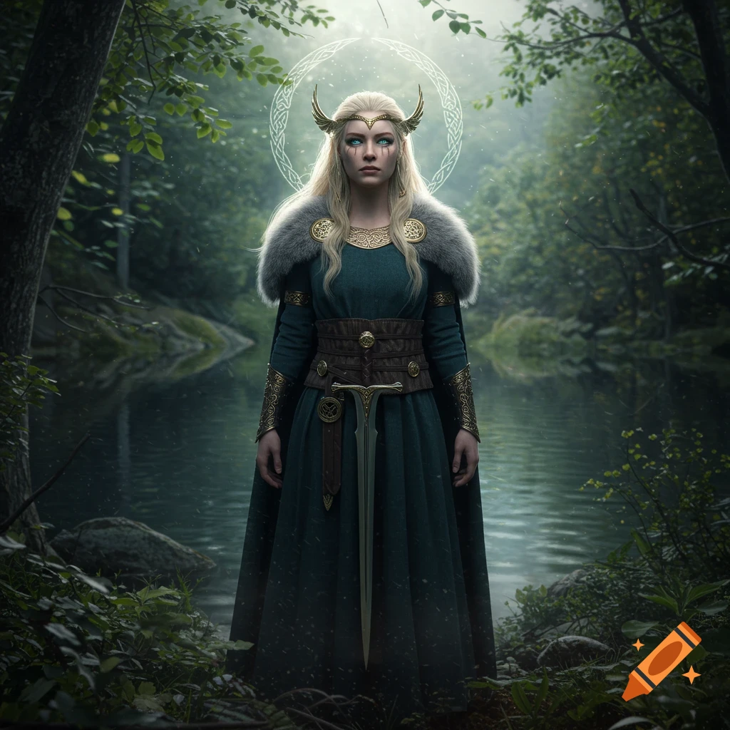 Full body portrait of a blonde woman in fantasy armor with a sword in a forest by a lake, glowing symbol above her head.
