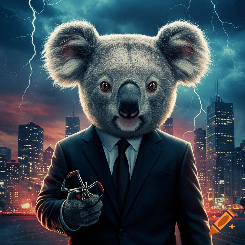 A koala in a suit stands before a stormy city skyline with lightning.