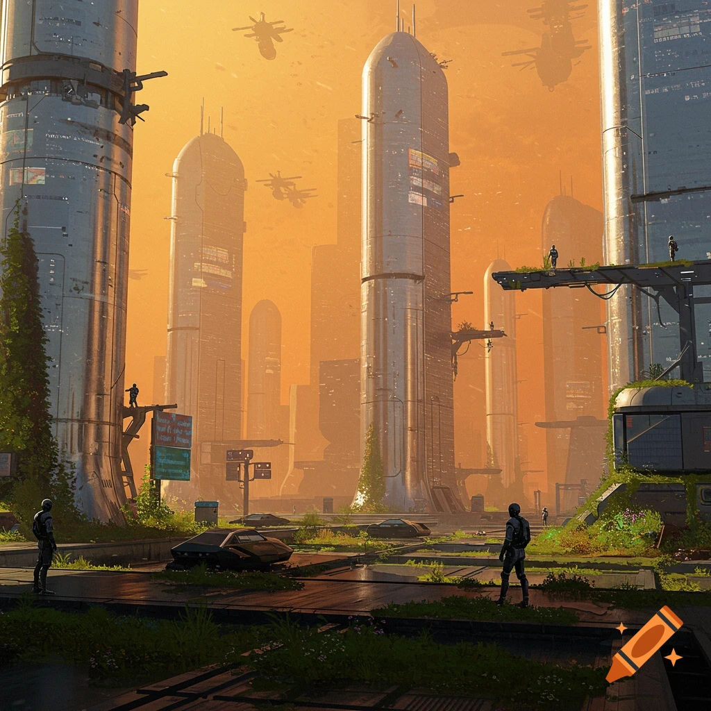A futuristic city with tall buildings, flying vehicles, figures in suits, and overgrown nature.